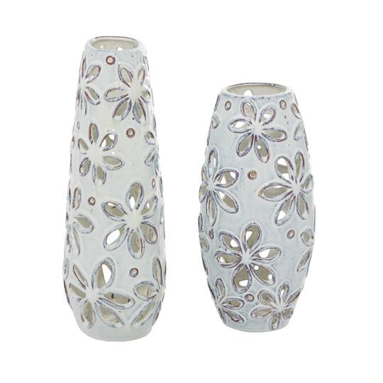 Set of 2 White Ceramic Farmhouse Vase 14", 11"